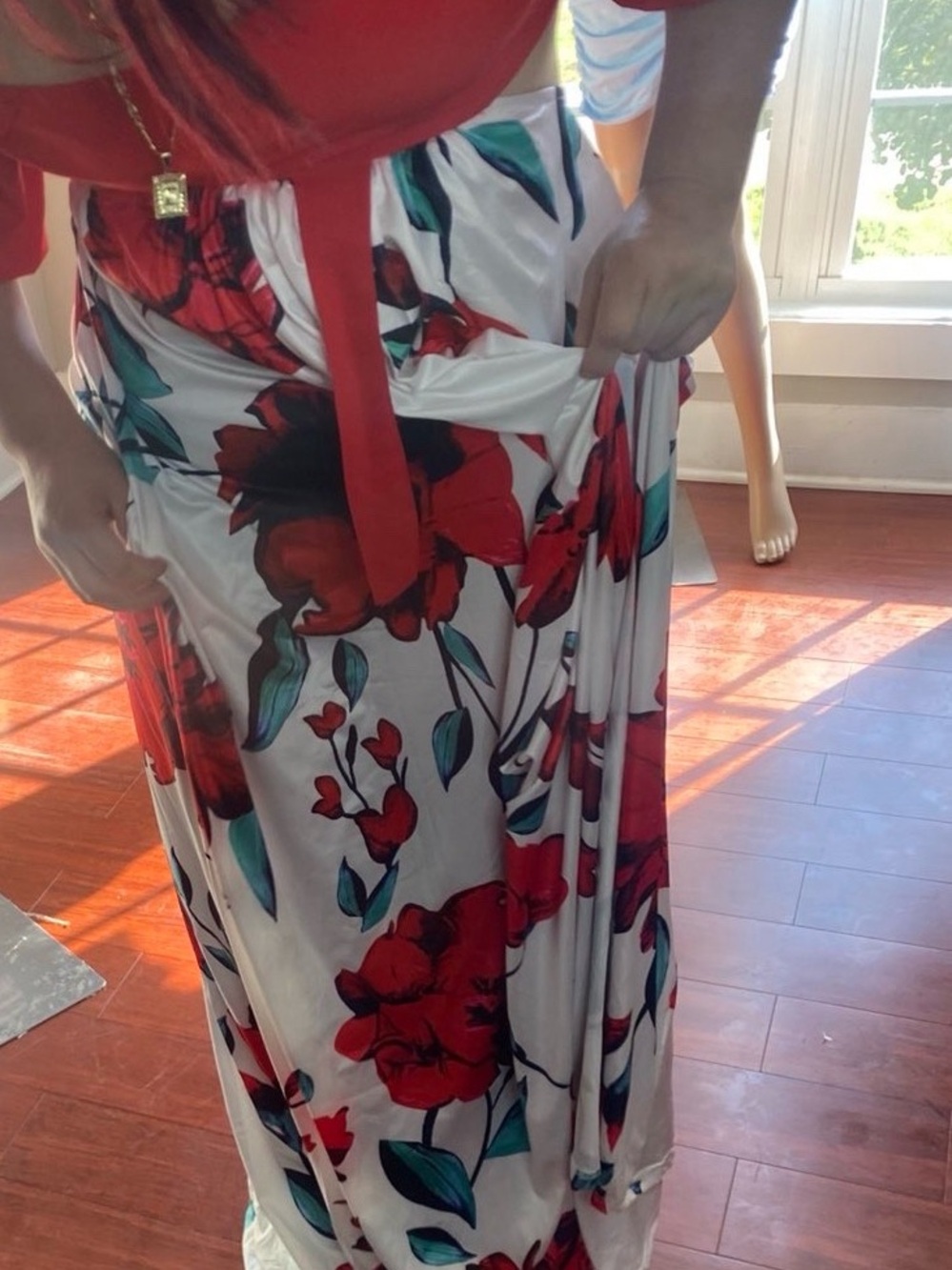 Red Floral Tie-Waist Maxi Dress - Women's Maxi